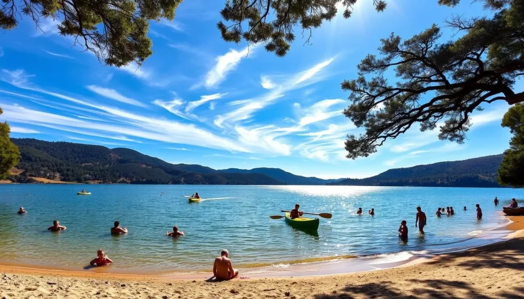 A serene lakeside scene at Lake Temescal, California. A group of people enjoying various activities - swimming in the crystal-clear waters, sunbathing on the sandy beach, and picnicking under the shade of towering oak trees. Kayakers glide across the tranquil surface, while nearby, children play in the shallows. The sky is a brilliant blue, with wispy clouds overhead, and the warm sun bathes the entire landscape in a golden glow. The surrounding hills provide a picturesque backdrop, adding to the peaceful ambiance. Capture the essence of a perfect day at this beloved local recreation area.