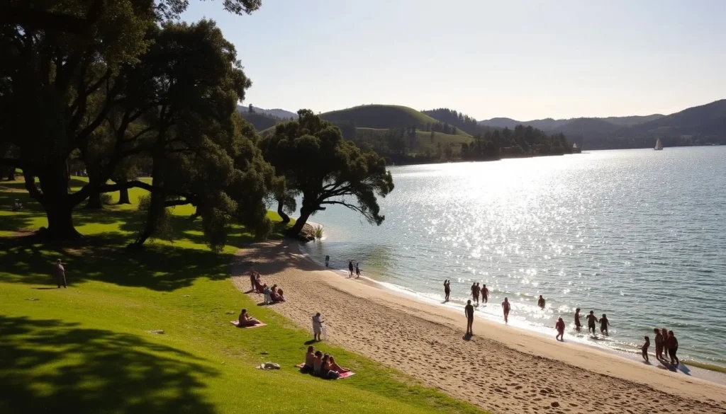 A serene lakeside scene at Lake Temescal, Oakland, California. Rolling green hills surround the shimmering blue waters, with towering oak trees lining the shore. A group of people relax on the sandy beach, some wading in the calm waters while others lounge on picnic blankets. Sunlight filters through the leaves, casting a warm glow over the tranquil landscape. In the distance, sailboats dot the horizon, their white sails catching the gentle breeze. The overall atmosphere evokes a sense of peace and relaxation, perfect for a day of outdoor exploration and leisure.