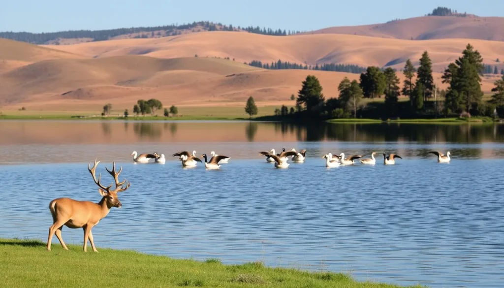 A serene lakeside scene at Lime Saddle Lake, California, where a diverse array of wildlife thrives. In the foreground, a pair of deer graze peacefully on the lush, verdant shoreline, their antlers casting soft shadows. In the middle ground, a flock of waterfowl glide effortlessly across the calm, mirror-like surface of the lake, their feathers glistening in the warm, golden sunlight. Beyond, the rolling hills and towering pines create a picturesque backdrop, inviting visitors to immerse themselves in the natural beauty of this haven for local flora and fauna.