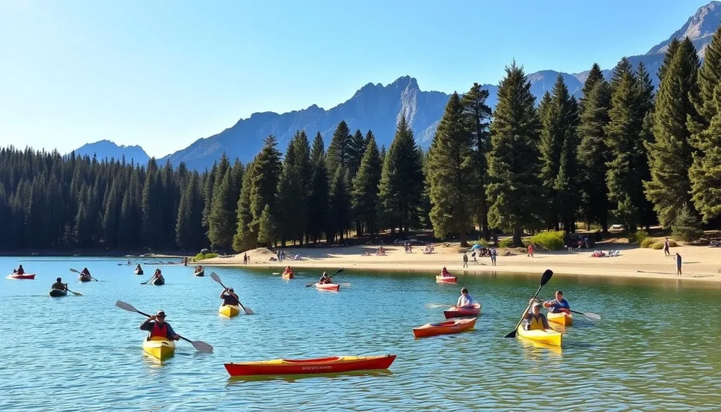 A serene lakeside scene at Lime Saddle Lake, California. In the foreground, people are leisurely paddling kayaks and canoes across the tranquil, turquoise waters. The middle ground showcases a sandy beach dotted with sunbathers and families enjoying picnics. Towering pine trees line the shores, casting soft, dappled shadows. In the background, rugged mountains rise, their peaks bathed in warm, golden sunlight. The atmosphere is one of relaxation and outdoor exploration, inviting visitors to immerse themselves in the natural beauty of this idyllic lake setting.