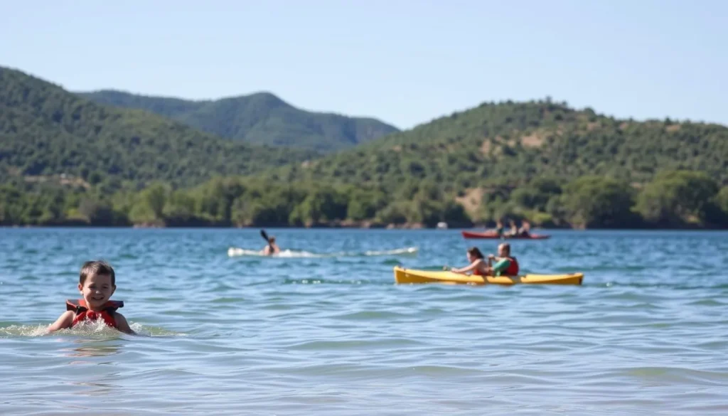 A serene lakeside scene at Lower Bear Creek Reservoir, California. In the foreground, a family of four enjoying the clear, gently lapping waters, with a lifejacket-clad child splashing playfully. The middle ground features a swimmer gliding effortlessly, and a pair of kayakers navigating the tranquil surface. In the background, lush green hills and a bright, cloudless sky set the perfect mood for a day of safe, carefree water recreation. Warm, natural lighting illuminates the scene, captured with a wide-angle lens to convey the expansive, peaceful ambiance.