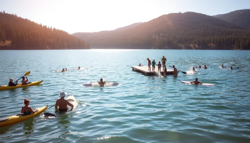 A serene lakeside scene at Sugar Pine Reservoir, California. In the foreground, people enjoying various water activities - kayaking, stand-up paddleboarding, and swimming in the calm, azure waters. The middle ground features a small dock with individuals diving and splashing. In the background, lush pine-forested hills rise up, casting gentle shadows across the tranquil surface. The sun casts a warm, golden glow, illuminating the scene with a peaceful, summery atmosphere. Crisp, high-resolution photography with a wide-angle lens captures the inviting, idyllic setting.