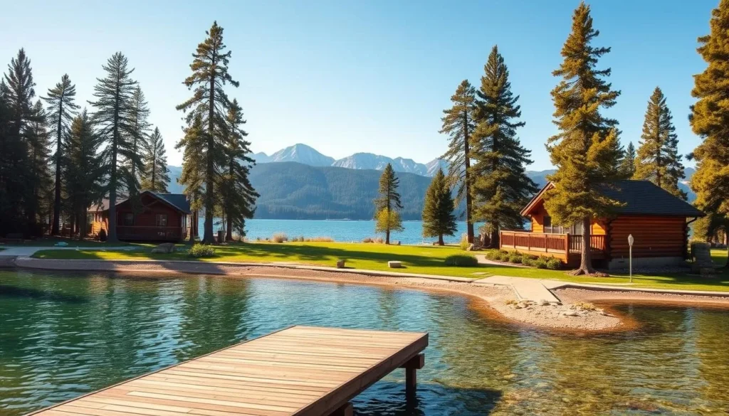 A serene lakeside scene of Lake Tahoe, California. A picturesque wooden cabin nestled among towering pine trees, its rustic exterior blending seamlessly with the natural landscape. The crystal-clear waters of the lake shimmer in the warm sunlight, inviting visitors to explore the tranquil surroundings. In the foreground, a wooden dock extends out over the lake, providing a perfect spot for relaxation and taking in the breathtaking views. The middle ground features a well-maintained grassy area, ideal for outdoor activities and enjoying the fresh mountain air. The background showcases the majestic snow-capped peaks of the Sierra Nevada mountains, creating a dramatic and serene backdrop. The overall mood is one of peaceful seclusion and natural beauty, perfectly capturing the essence of a Lake Tahoe accommodation.