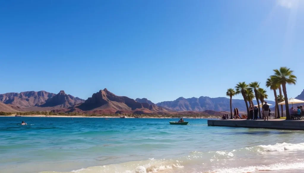 A serene lakeside scene on a sunny day at Lake Havasu, California. In the foreground, crystalline turquoise waters lap against the sandy shores, dotted with beachgoers enjoying the warmth. In the middle ground, majestic rock formations and lush palm trees frame the tranquil vista. The background is dominated by a cloudless azure sky, with the distant Havasu Hills providing a picturesque backdrop. Warm, golden sunlight bathes the entire landscape, casting a soft, inviting glow. The overall atmosphere evokes a peaceful, idyllic day trip experience.