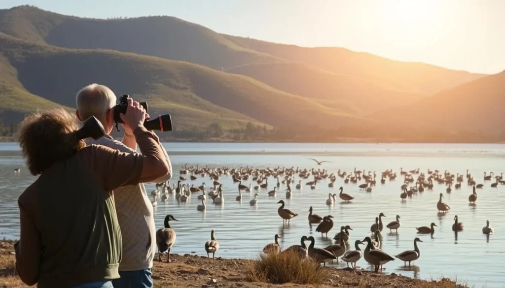 A serene lakeside setting at Lake Casitas, California, on a sunny afternoon. In the foreground, a pair of birdwatchers, binoculars in hand, observe the vibrant wildlife along the shoreline. The middle ground features a diverse array of waterfowl, including ducks, geese, and herons, gracefully gliding across the calm, reflective waters. The background showcases the lush, verdant hills surrounding the lake, creating a picturesque and tranquil landscape. The warm, golden sunlight filters through the scene, casting a soft, inviting glow and enhancing the natural beauty of the setting. The overall atmosphere evokes a sense of peaceful contemplation and appreciation for the rich biodiversity found at this renowned wildlife observation hotspot.