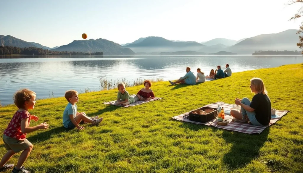 A serene lakeside setting with families enjoying a picnic on the lush, grassy shores of Lake Sempach. In the foreground, a group of children play catch, their laughter echoing across the still waters. Nearby, parents unpack a bountiful spread of local delicacies, with fresh breads, cheeses, and seasonal fruits. In the middle ground, couples and friends relax on checkered blankets, taking in the stunning views of the surrounding mountains reflected in the tranquil lake. The warm, golden light of the afternoon sun casts a gentle glow, creating a peaceful, inviting atmosphere perfect for a day of outdoor adventure and quality time together.