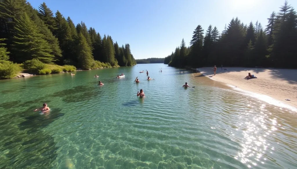 A serene lakeside swimming area with crystal-clear waters, surrounded by lush green foliage and towering pine trees. The sun shines brightly, casting a warm glow over the scene. People can be seen enjoying the water, swimming, paddling, and relaxing on the sandy beach. Kayaks and paddleboards dot the surface of the lake, creating a tranquil and picturesque atmosphere. The perspective should be from a slightly elevated angle, capturing the full breadth of the swimming area and the natural beauty that surrounds it.