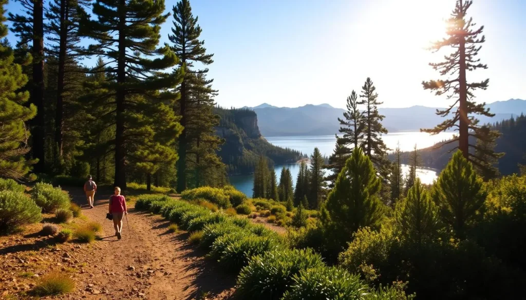 A serene lakeside trail winds through the verdant Silverado landscape, the sun's golden rays filtering through the towering pines. In the foreground, hikers traverse the well-maintained path, their steps crunching on the gravel underfoot. The tranquil waters of Lake Silverado glisten in the middle distance, reflecting the dramatic cliffs and lush foliage that frame the scene. In the background, the majestic Californian mountains rise, their peaks capped with a dusting of snow. The overall atmosphere is one of peaceful exploration, inviting visitors to immerse themselves in the natural beauty of this picturesque setting.