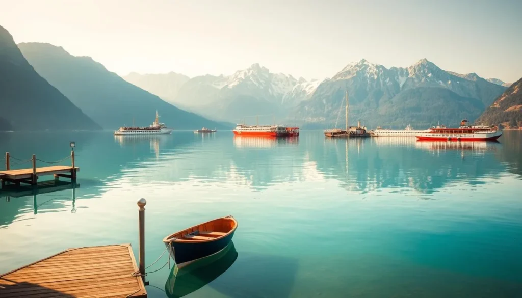 A serene landscape along the shores of Lake Thun, Switzerland. In the foreground, a picturesque dock with a small boat gently rocking on the calm, turquoise waters. Middle ground features a fleet of traditional Swiss paddle steamers and ferries transporting passengers across the lake, their bright red and white hulls reflecting in the mirrored surface. The background showcases the majestic Swiss Alps, their snow-capped peaks towering over the tranquil scene. Soft, natural lighting bathes the entire composition in a warm, golden glow, creating a peaceful, idyllic atmosphere.
