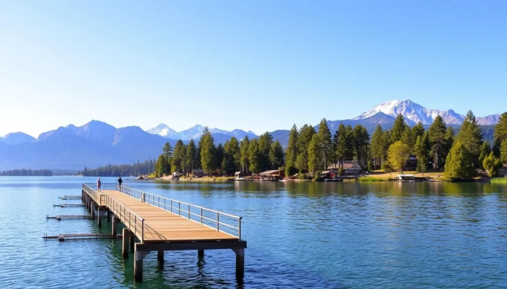 A serene landscape at Big Bear Lake, California on a sunny day. In the foreground, a picturesque pier extends into the calm, turquoise waters, inviting visitors to stroll and take in the tranquil surroundings. In the middle ground, lush pine trees line the shores, their verdant foliage reflecting in the lake's mirror-like surface. In the background, majestic mountains rise, their snow-capped peaks glistening under the warm, golden light. The scene exudes a sense of natural harmony and peacefulness, capturing the essence of a perfect day at this beloved outdoor destination.