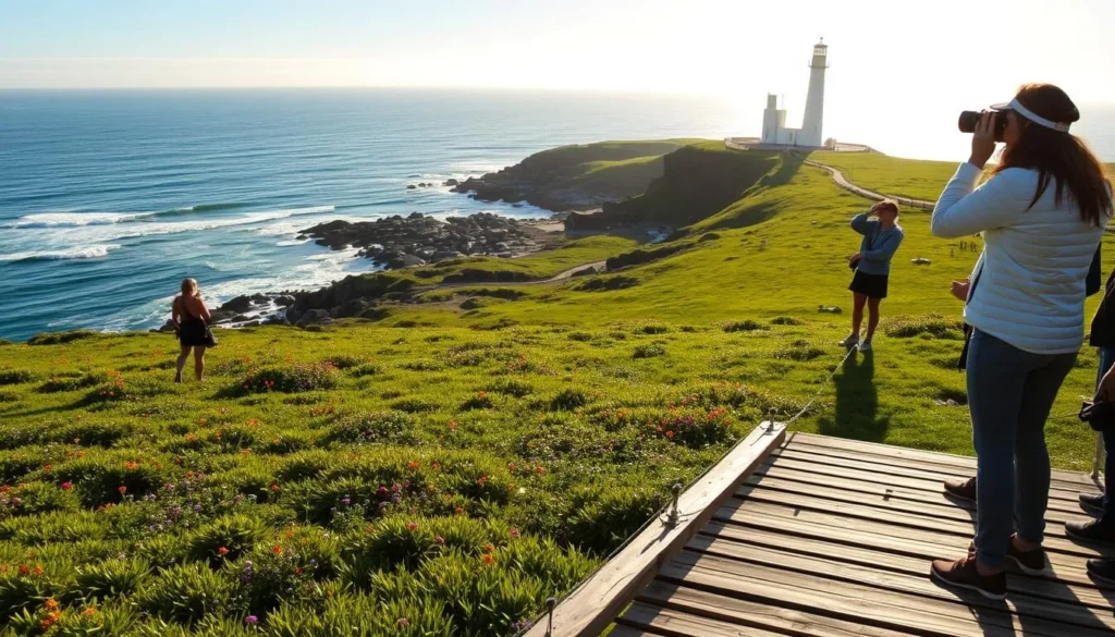 A serene landscape at Cape Byron, New South Wales, where birdwatchers eagerly observe the diverse avian inhabitants. In the foreground, a wooden observation deck provides an elevated vantage point, overlooking a lush, verdant meadow dotted with vibrant wildflowers. In the middle ground, a winding path leads towards a picturesque rocky coastline, where the gentle waves of the Tasman Sea crash against the rugged cliffs. In the background, the iconic Cape Byron Lighthouse stands tall, its white facade gleaming under the warm, golden sunlight that bathes the scene. The atmosphere is serene and tranquil, inviting visitors to immerse themselves in the natural beauty and wildlife of this stunning coastal haven.