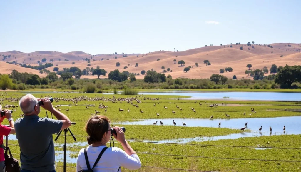 A serene landscape at Coyote Lake, California, on a sun-dappled day. In the foreground, birdwatchers stand with binoculars, eyes trained on the lush wetlands teeming with vibrant waterfowl. The middle ground features the lake's calm waters, mirroring the surrounding hills and oak trees. In the distance, the rolling hills are bathed in a warm, golden light, creating a picturesque backdrop for this nature lover's paradise. The scene exudes a sense of tranquility and joy, inviting the viewer to immerse themselves in the beauty of this birding hotspot.