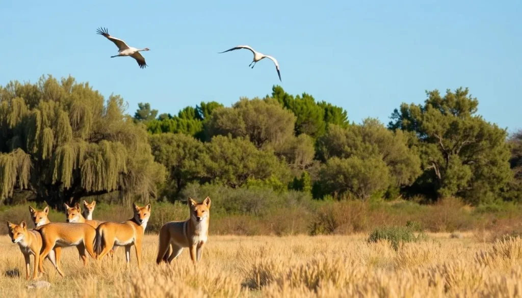 A serene landscape at Coyote Lake, California, showcasing abundant wildlife viewing opportunities. In the foreground, a group of curious coyotes cautiously observing their surroundings, their tawny coats and pointed ears accentuated by the warm, golden sunlight. In the middle ground, a pair of graceful sandhill cranes take flight, their long necks and broad wings silhouetted against the clear blue sky. In the background, a dense thicket of willow and oak trees provide a lush, verdant backdrop, offering ample shelter and resources for a diverse array of local fauna. The scene is captured with a wide-angle lens, creating a sense of depth and immersion, inviting the viewer to step into this serene and vibrant wildlife haven.