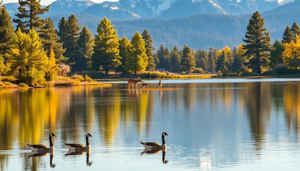 A serene landscape at Goose Lake, California, showcasing the vibrant wildlife that thrives in this idyllic setting. In the foreground, a group of Canada geese gracefully glide across the calm, mirrored surface of the lake, their feathers glistening in the warm, golden light. In the middle ground, a family of deer emerges from the lush, verdant foliage, pausing to drink from the lake's edge. Towering pine trees and rugged, snow-capped mountains form the stunning backdrop, creating a sense of tranquility and connection with nature. The scene is captured through a wide-angle lens, allowing the viewer to fully immerse themselves in the serene beauty of this wildlife viewing haven.