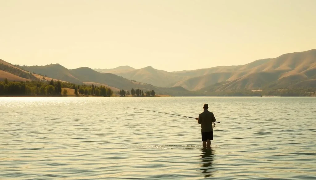 A serene landscape at Lake Casitas, California, captured on a bright, sunny day. In the foreground, a fisherman casts his line into the tranquil, shimmering waters, his silhouette reflected on the surface. The middle ground features lush, verdant trees lining the shoreline, casting gentle shadows on the scene. In the background, rolling hills and mountains rise, their slopes covered in a patchwork of vibrant greens and earthy tones. The lighting is warm and natural, creating a calming, picturesque atmosphere that invites the viewer to experience the peaceful charm of this popular fishing destination.