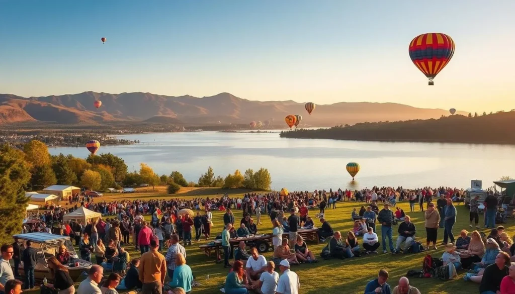 A serene landscape at Lake Oroville, California, showcasing the seasonal events and festivities. The foreground features a lively crowd of people enjoying various outdoor activities, such as boating, fishing, and picnicking. The middle ground depicts the tranquil waters of the lake, reflecting the surrounding trees and mountains. In the background, a colorful hot air balloon festival adds a vibrant touch to the scene, with the balloons soaring majestically against a warm, golden sky. The overall atmosphere is one of joy, relaxation, and appreciation for the natural beauty of this picturesque location.