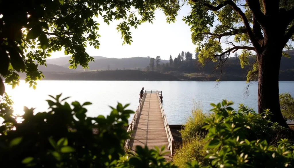 A serene landscape at Lake Temescal, Oakland, California. In the foreground, lush green foliage frames the view of the glistening lake. Warm, diffused sunlight filters through the trees, casting a soft, golden glow over the scene. In the middle ground, a wooden dock extends out into the tranquil waters, inviting visitors to stroll and capture the picturesque moment. The background features rolling hills dotted with towering oak trees, creating a picturesque backdrop for this idyllic photography spot. The overall mood is one of peaceful contemplation, encouraging the viewer to immerse themselves in the natural beauty of this urban oasis.