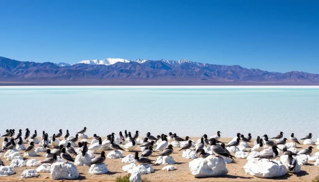 A serene landscape at Mono Lake, California, with a foreground of migratory birds resting on the unique tufa formations that dot the lake's surface. The middle ground showcases the vast expanse of the alkaline lake, its distinctive turquoise hue reflecting the bright, clear sky above. In the background, the rugged Sierra Nevada mountains rise majestically, their snow-capped peaks bathed in warm, golden sunlight. The scene conveys a sense of tranquility and wonder, inviting the viewer to immerse themselves in the birdwatching paradise that is Mono Lake.