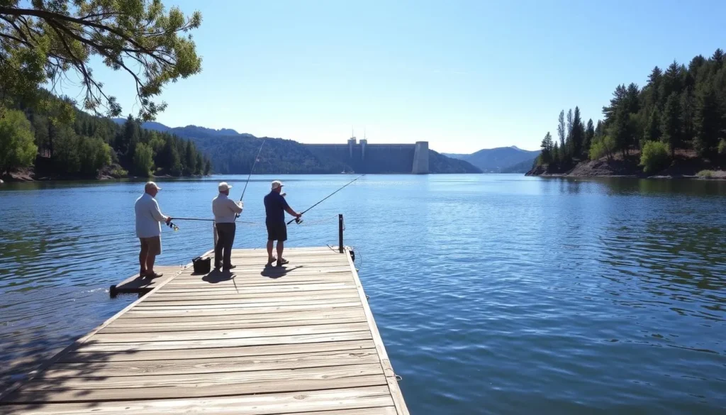 A serene landscape at Shasta Lake, California, with anglers casting their lines into the tranquil waters. In the foreground, a wooden dock extends into the lake, its planks weathered by time and use. Anglers, equipped with fishing gear, stand patiently, their reflections mirrored in the still surface. The middle ground features the vast expanse of the lake, its shimmering blue hues accentuated by the bright, natural lighting. In the background, the majestic Shasta Dam rises, its concrete walls a testament to the region's engineering prowess. Lush, verdant trees line the shoreline, creating a picturesque and serene atmosphere for the quintessential Shasta Lake fishing experience.