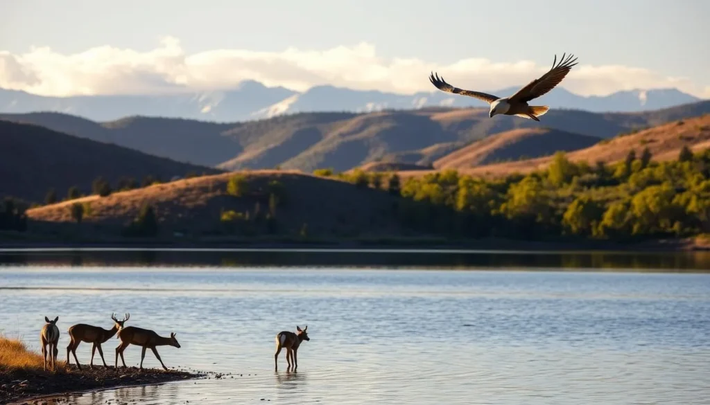 A serene landscape at Spanish Flat Reservoir, California, on a sunny afternoon. In the foreground, a family of deer grazes peacefully near the water's edge, their elegant silhouettes reflected in the calm, glistening surface. In the middle ground, a bald eagle soars overhead, its majestic wings outstretched against a backdrop of rolling hills and lush, verdant foliage. The background features the distant, snow-capped peaks of the Sierra Nevada mountains, bathed in warm, golden light filtered through wispy, ambient clouds. The scene exudes a sense of tranquility and natural harmony, perfectly capturing the essence of seasonal activities at this picturesque reservoir.