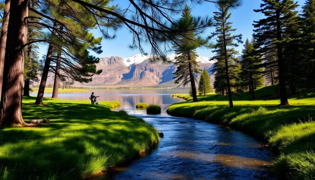 A serene landscape at Strawberry Reservoir, California, on a bright, sunny day. In the foreground, a well-stocked trout stream winds through lush, verdant banks. Towering pine trees frame the scene, casting dappled shadows. In the middle ground, anglers cast their lines, their silhouettes reflected in the still, glassy waters. The background features rugged, snow-capped mountains, their peaks bathed in warm, golden light. The overall atmosphere is one of tranquility and abundance, inviting the viewer to immerse themselves in the joys of fly fishing.