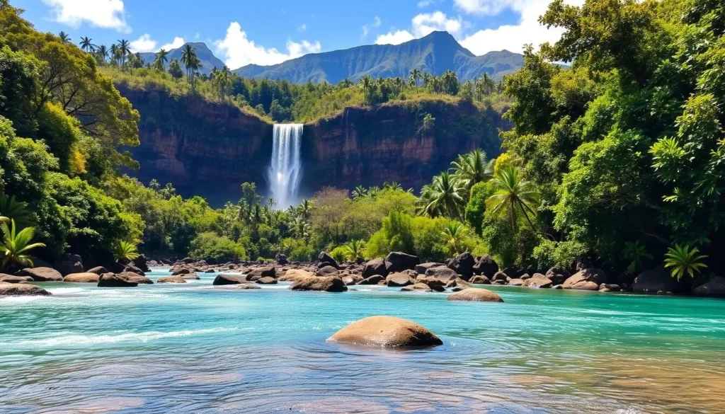 A serene landscape at Wailuku River State Park on the Big Island of Hawaii. In the foreground, the crystal-clear turquoise waters of the Wailuku River flow gently over smooth volcanic rocks. Lush, verdant foliage lines the riverbanks, creating a natural canopy. In the middle ground, towering waterfalls cascade down rugged cliffs, their mist glistening in the warm, golden sunlight. Behind, the dense, tropical forest of the park stretches out, with distant mountains forming a dramatic backdrop. The scene conveys a sense of tranquility and wonder, inviting the viewer to explore this beautiful natural wonder.