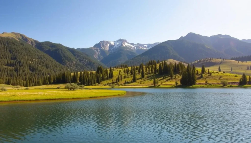A serene landscape at Willow Creek Reservoir, California, on a pleasant sunny day. In the foreground, a tranquil lake reflects the surrounding hills and trees. In the middle ground, lush green forests and meadows with wildflowers create a peaceful ambiance. The background features rugged mountains with snow-capped peaks, bathed in warm, golden light. The scene conveys a sense of natural harmony and invites the viewer to embark on an outdoor adventure. Capture this picturesque setting with a wide-angle lens to showcase the breathtaking scenery.