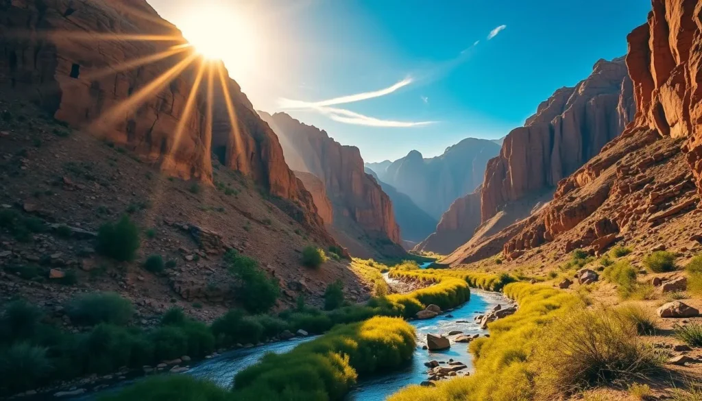 A serene landscape at the Mujib Nature Reserve in Jordan, illuminated by warm, golden sunlight filtering through wispy clouds. In the foreground, a tranquil stream winds its way through the rocky terrain, with lush vegetation lining its banks. In the middle ground, majestic canyon walls rise up on either side, their rugged textures and hues of ochre and terracotta creating a dramatic backdrop. The background showcases the breathtaking Wadi Mujib, a deep river gorge carved into the earth over millennia, with the sky above a brilliant azure hue. The overall scene evokes a sense of serene, natural beauty, inviting the viewer to imagine the perfect time to explore this captivating Jordanian landscape.