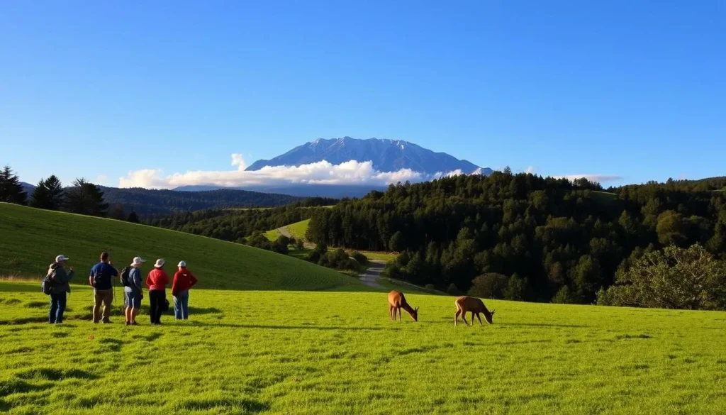 A serene landscape at the base of Mount Diablo, California, under a clear blue sky. In the foreground, a group of hikers observe a family of deer grazing peacefully on the lush, verdant meadow. In the middle ground, a winding trail leads through a dense, lush forest, inviting exploration. In the background, the majestic silhouette of Mount Diablo rises, its rugged peaks framed by wispy clouds. The scene is bathed in warm, golden light, capturing the tranquility and natural splendor of this protected wilderness area.