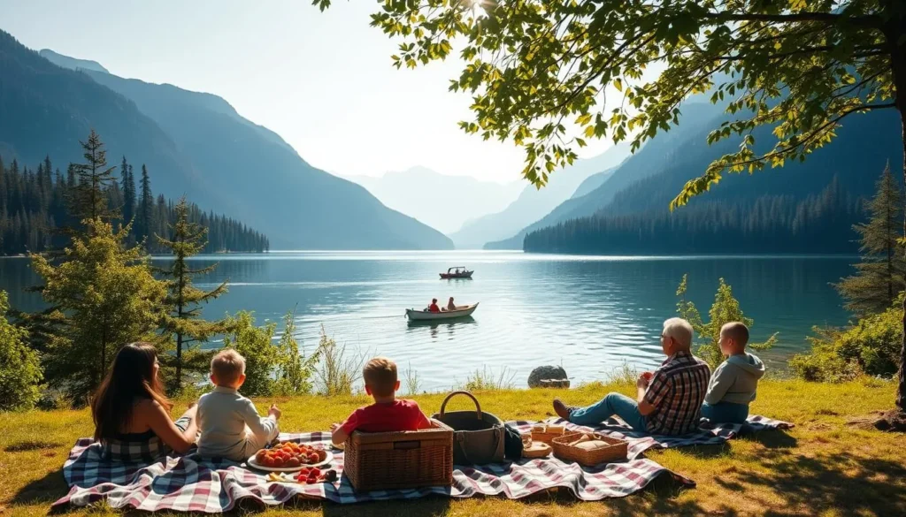 A serene landscape at the edge of a pristine lake, surrounded by lush evergreen forests and towering peaks. In the foreground, a family enjoys a picnic on a checkered blanket, with a wicker basket and delectable snacks. A gentle breeze rustles the leaves, and the sun's warm rays filter through the canopy, casting a golden glow over the scene. In the distance, a small rowboat drifts peacefully across the still waters, its occupants taking in the tranquil surroundings. The atmosphere is one of relaxation and contentment, inviting the viewer to escape the stresses of everyday life and immerse themselves in the serene beauty of this natural oasis.