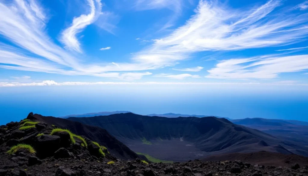 A serene landscape atop Haleakalā summit, Maui, Hawaii. The sky is a vibrant azure, dotted with wispy clouds that cast gentle shadows across the volcanic crater below. The sun's rays illuminate the rugged, otherworldly terrain, highlighting the intricate textures of the lava rock and the lush, verdant vegetation that clings to the slopes. In the distance, the horizon fades into a hazy blue, creating a sense of depth and tranquility. The overall scene conveys a feeling of awe and wonder, inviting the viewer to immerse themselves in the natural beauty of this iconic Hawaiian landmark.