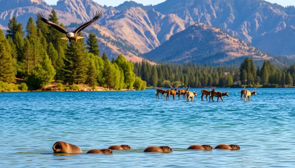 A serene landscape by the tranquil waters of Margarita Lake, California. In the foreground, a family of beavers playfully swimming and building their cozy lodge. Soaring overhead, a majestic bald eagle scans the lake for fish. In the middle ground, a herd of deer cautiously emerges from the lush, verdant foliage, pausing to drink from the crystal-clear waters. The background features rugged, pine-covered mountains bathed in warm, golden sunlight, creating a picturesque and harmonious scene of wildlife in their natural habitat.