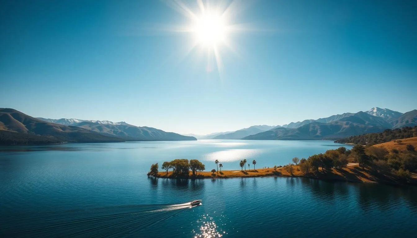 A serene landscape capturing the tranquil beauty of Lake Hemet Reservoir in California. A wide, calm expanse of azure water reflecting the azure sky above, framed by lush, rolling hills and verdant trees. Sunlight dances across the surface, casting a warm, golden glow over the scene. In the foreground, a small boat gently drifts, adding a sense of scale and tranquility. The background features majestic mountains, their peaks capped with a dusting of snow, creating a picturesque and atmospheric vista. Capture this idyllic setting with a medium-wide, slightly elevated camera angle to showcase the stunning natural landscape.