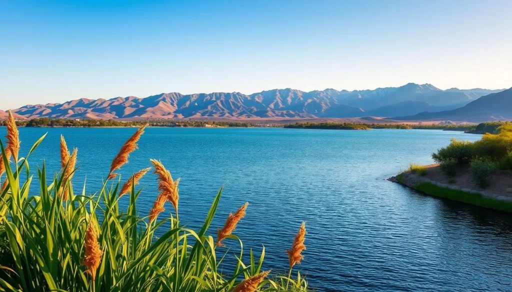 A serene landscape featuring Lake Perris, a picturesque oasis nestled in the hills of southern California. Capture the tranquil waters reflecting the azure sky, with gently sloping shores lined by lush green foliage. In the foreground, lush reeds sway in the gentle breeze, while in the distance, the majestic San Jacinto Mountains rise up, their peaks bathed in warm golden light. The scene is illuminated by soft, natural lighting, creating a calm and inviting atmosphere. Utilize a wide-angle lens to showcase the full grandeur of this hidden gem, inviting the viewer to step into this serene and peaceful setting.
