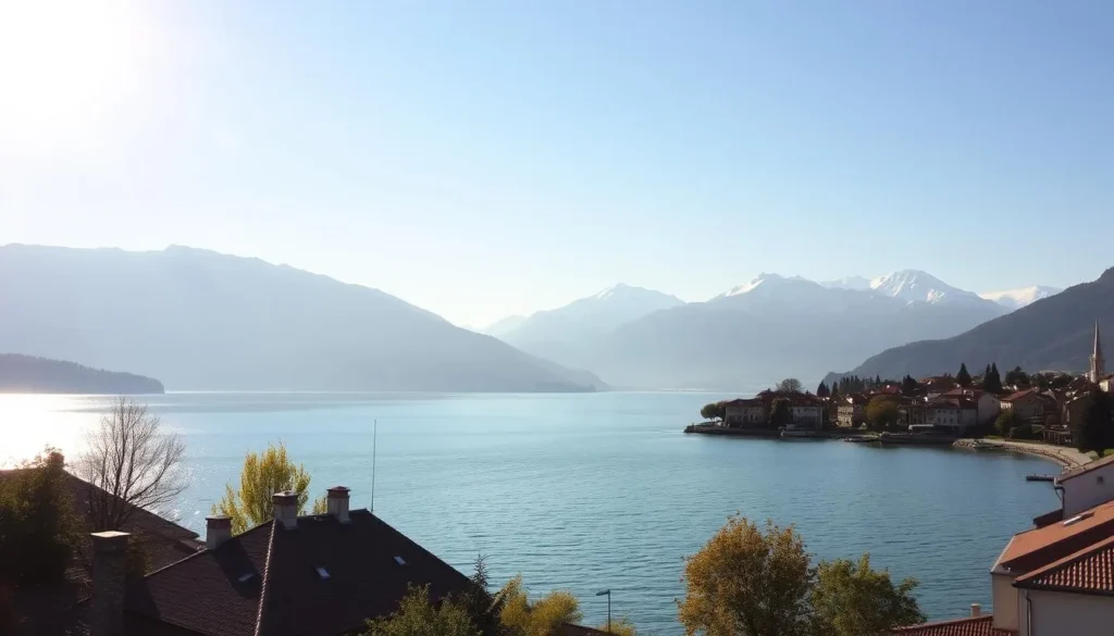 A serene landscape in Annecy, France, with the picturesque Lac d'Annecy glistening in the foreground under a warm, golden sun. Majestic snow-capped mountains rise in the distance, their peaks casting long shadows across the tranquil waters. In the middle ground, quaint buildings with red-tiled roofs and cobblestone streets dot the shoreline, surrounded by lush greenery. The atmosphere is one of calm and relaxation, with a soft, diffused light creating a peaceful, almost dreamlike ambiance. Capture this idyllic scene with a wide-angle lens, emphasizing the serene harmony between the natural and built environments that characterize Annecy's mild, temperate climate.