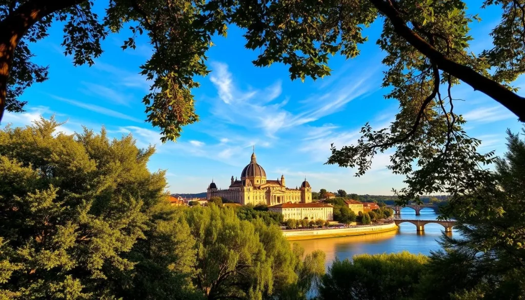 A serene landscape in Avignon, France, where the Mistral wind sweeps through the city's historic streets. In the foreground, lush trees sway gracefully, their leaves rustling in the gentle breeze. The middle ground showcases the iconic Palais des Papes, its grand architecture bathed in warm, golden sunlight. In the background, the Rhone River flows calmly, its surface reflecting the azure sky dotted with wispy, cloud-like formations. The scene conveys a sense of tranquility and natural harmony, capturing the essence of Avignon's captivating interplay between wind and sunshine.