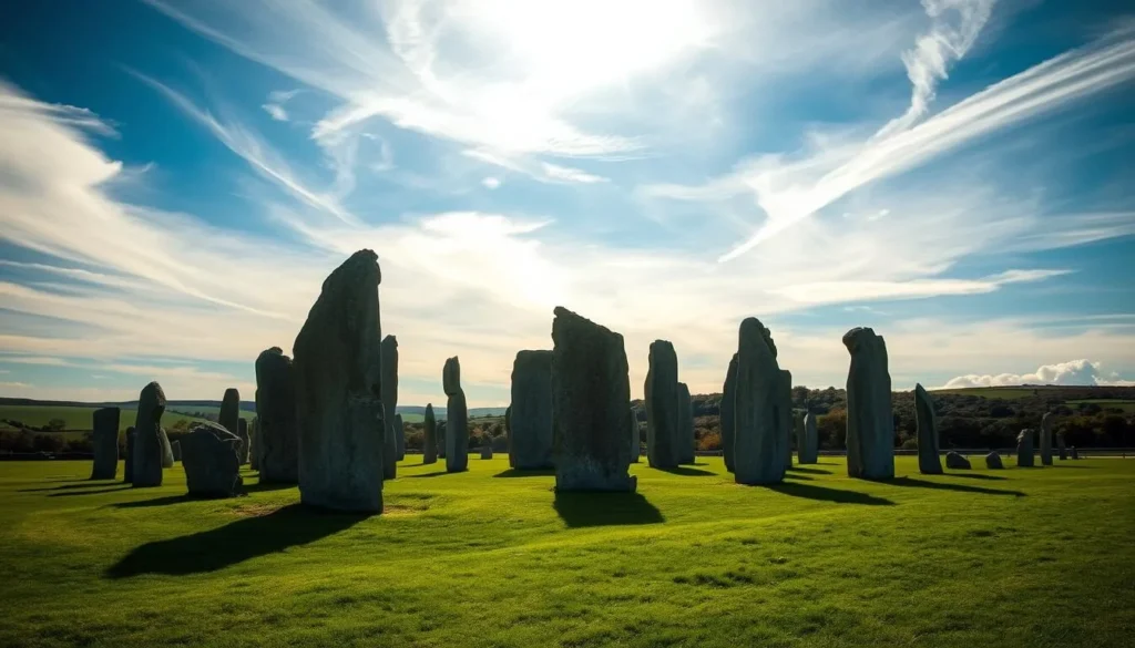 A serene landscape in Bretagne, France, showcasing the enigmatic Carnac's prehistoric menhirs. Towering stone monoliths stand tall against a vibrant sky, their weathered surfaces casting long shadows across the verdant field. Dappled sunlight filters through wispy clouds, creating a warm, tranquil atmosphere. In the middle ground, the monoliths are arranged in neat rows, their mysterious alignment a testament to the ingenuity of their ancient builders. The background gently undulates, with rolling hills and lush foliage framing the scene. This timeless tableau invites the viewer to ponder the rich history and enduring mysteries of this captivating archaeological site.
