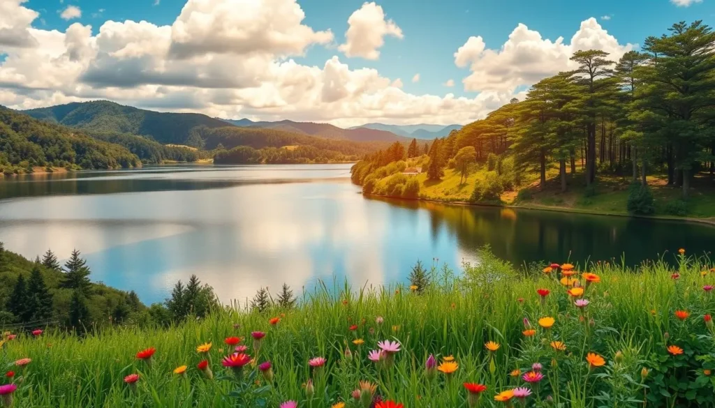 A serene landscape in Dalat, Vietnam, showcasing the region's diverse weather patterns. In the foreground, lush green hills dotted with vibrant wildflowers sway gently in a soft breeze. The middle ground features a picturesque lake, its calm surface reflecting the surrounding mountains and a vibrant blue sky peppered with fluffy white clouds. In the distance, the silhouettes of towering pine trees line the horizon, their verdant canopies casting dappled shadows across the scene. The warm, golden light of the sun filters through, creating a cozy, inviting atmosphere that captures the essence of Dalat's best-visiting conditions.