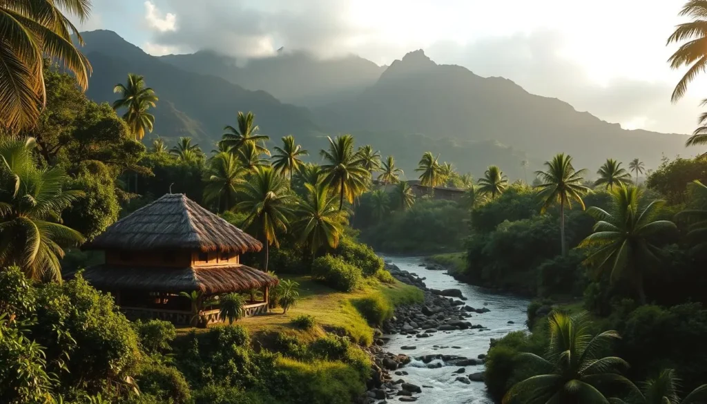 A serene landscape in Hālawa Valley, Molokai, Hawaii. In the foreground, a traditional Hawaiian hale (thatched-roof house) nestled amidst lush, verdant foliage. The middle ground features a winding stream with gently flowing water, flanked by towering palm trees and tropical flora. In the background, rugged, mist-shrouded mountains rise up, creating a sense of tranquility and timelessness. Warm, golden sunlight filters through the canopy, casting a soft, reverent glow over the scene. The atmosphere conveys a profound respect for the land and its cultural heritage.