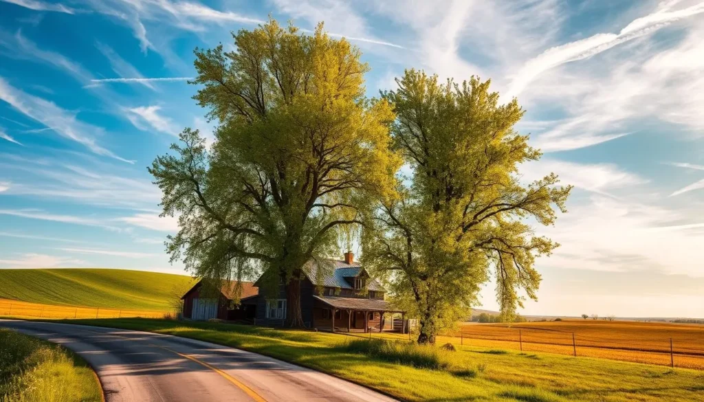 A serene landscape in Lexington, Nebraska, where the vast expanse of the Heartland unfolds. In the foreground, a winding country road leads the eye towards a picturesque farmhouse, its weathered wood and tin roof basking in the warm, golden glow of the afternoon sun. Towering cottonwood trees line the scene, their verdant leaves rustling gently in the soft breeze. In the middle ground, rolling hills painted in a tapestry of lush greens and vibrant wildflowers stretch towards the horizon. The sky, a brilliant azure canvas, is dotted with wispy clouds that cast gentle shadows across the land. This tranquil, quintessential Nebraskan landscape invites the viewer to slow down, breathe deeply, and immerse themselves in the serene beauty of the American Midwest.