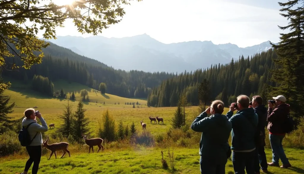 A serene landscape in Parc Ela, Switzerland, with lush meadows and dense forests in the middle ground. In the foreground, a group of nature enthusiasts armed with binoculars and cameras cautiously observe a herd of deer grazing peacefully. The sun filters through the canopy, casting a warm, golden glow across the scene. In the distance, the majestic snow-capped peaks of the Swiss Alps rise majestically, creating a breathtaking backdrop. The atmosphere is one of tranquility and wonder, inviting the viewer to immerse themselves in the beauty of this pristine natural haven.