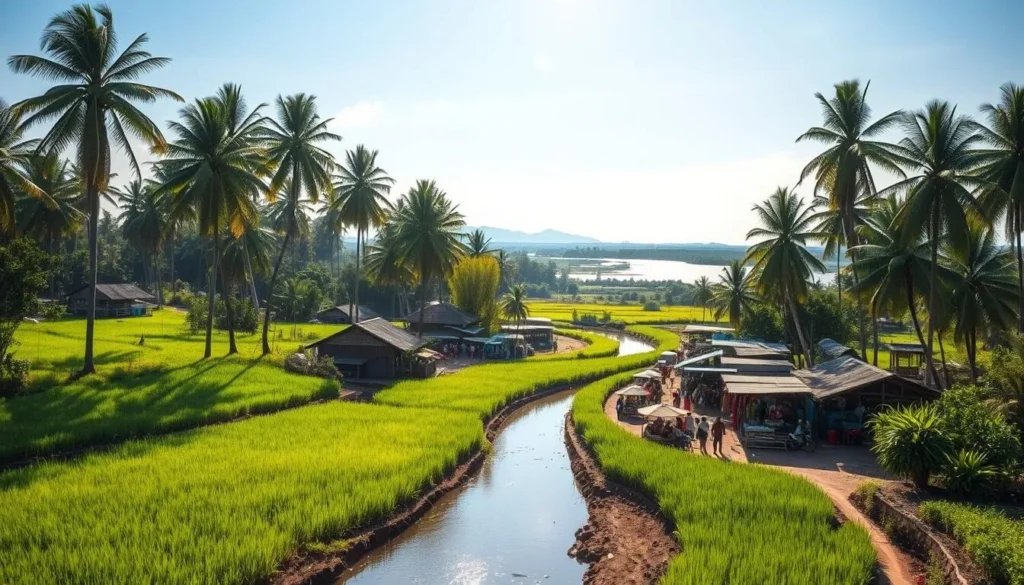 A serene landscape in Pathum Thani, Thailand, showcasing lush green rice fields stretching towards the horizon. In the foreground, a winding river reflects the clear blue sky, its banks dotted with traditional Thai houses and towering palm trees. The mid-ground is filled with a bustling market, where locals bargain and interact, creating a vibrant atmosphere. In the distance, the iconic Chao Phraya River can be seen, its tranquil waters cutting through the verdant countryside. Warm, golden sunlight bathes the scene, casting a peaceful and inviting ambiance. The overall composition conveys the hidden charm and natural beauty of this lesser-known region of Thailand.