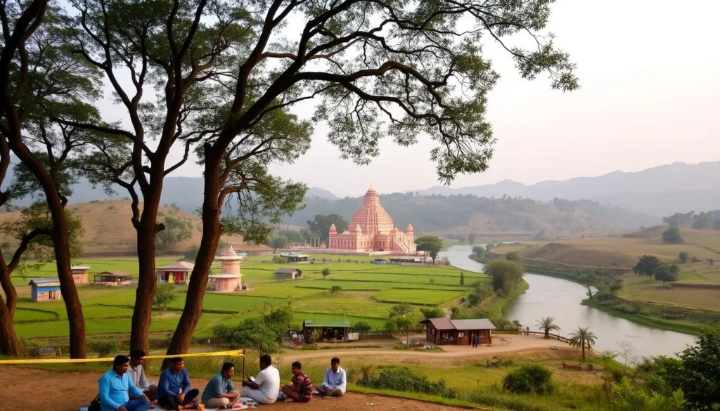 A serene landscape in the Bangladeshi countryside, with rolling hills, lush greenery, and a tranquil river meandering through the scene. In the foreground, a group of locals are gathered, enjoying a picnic under the shade of towering trees. The middle ground features small traditional homes and shops, their vibrant colors contrasting with the earthy tones of the surroundings. In the distance, a majestic temple or palace structure stands proud, its intricate architecture bathed in warm, golden sunlight. The atmosphere is one of peaceful contemplation, inviting the viewer to immerse themselves in the beauty and charm of this idyllic day trip destination.
