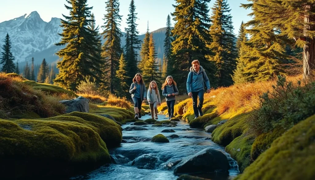 A serene landscape in the Northern Sierra Cascades, with a family of four exploring the lush, verdant trails. In the foreground, a gently flowing stream cuts through the mossy rocks, reflecting the warm hues of the afternoon sun. In the middle ground, towering evergreen trees sway gently, creating a picturesque canopy. The background features majestic snow-capped peaks, their jagged silhouettes framing the scene. The family, dressed in casual outdoor attire, are captured mid-stride, their faces filled with wonder and delight as they take in the natural beauty surrounding them. The overall mood is one of tranquility and adventure, inviting viewers to immerse themselves in the family-friendly activities of this stunning region.