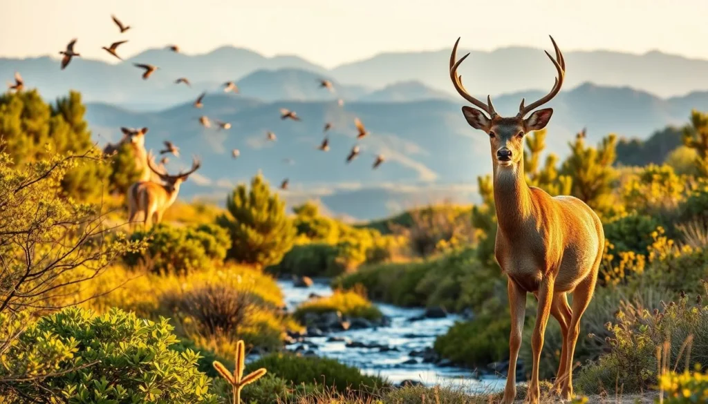 A serene landscape in the Peninsular Ranges, California, showcasing an abundance of wildlife viewing opportunities. In the foreground, a majestic deer stands alert, its gaze fixed on the observer. Surrounding it, lush vegetation and a tranquil stream reflect the warm, golden light of the afternoon sun. In the middle ground, a flock of vibrant birds take flight, while the distant mountains provide a breathtaking backdrop. The scene exudes a sense of natural harmony, inviting the viewer to immerse themselves in the peaceful coexistence of the diverse flora and fauna. Captured through a wide-angle lens, this image conveys the essence of the Peninsular Ranges' exceptional wildlife viewing experiences.