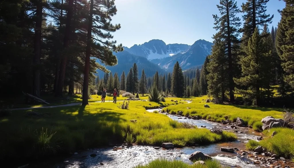 A serene landscape in the Sierra Blanca mountains of California, "Pine Flat Nature Activities" showcases the natural beauty of the region. In the foreground, a crystal-clear stream meanders through a lush, verdant meadow, surrounded by towering pine trees. Sunlight filters through the canopy, casting a warm, golden glow over the scene. In the middle ground, hikers explore a well-maintained trail, admiring the stunning vistas of the snow-capped peaks in the distance. The background is dominated by rugged, picturesque mountains, their rocky outcroppings and dense forests creating a dramatic, awe-inspiring backdrop. The overall atmosphere is one of tranquility and outdoor adventure, inviting visitors to immerse themselves in the natural splendor of Pine Flat.