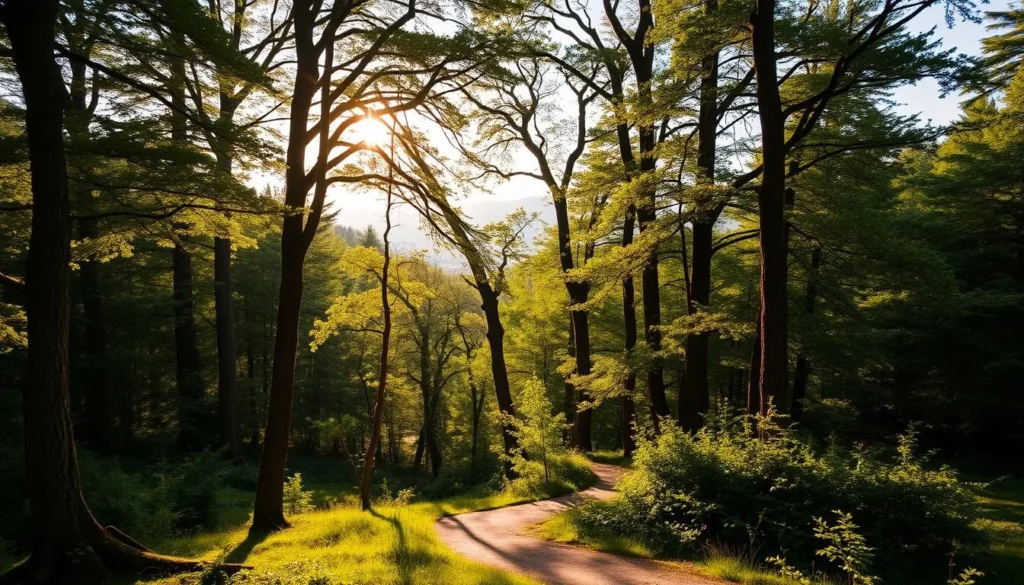 A serene landscape in the Zürcher Oberland Nature Park, Switzerland. Lush, verdant forests with towering trees fill the frame, their branches casting delicate shadows across the forest floor. A winding trail meanders through the scene, inviting the viewer to explore. Warm, golden sunlight filters through the canopy, creating a peaceful, inviting atmosphere. In the distance, a glimpse of rolling hills and mountains hints at the park's expansive natural beauty. This idyllic setting would make for a perfect home base to discover the park's many outdoor activities and attractions.