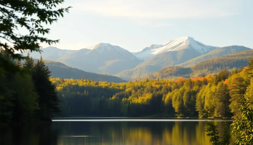 A serene landscape in the heart of New Hampshire, USA. In the foreground, a tranquil lake reflects the lush, verdant forest surrounding it. Towering, snow-capped mountains rise in the distance, their peaks bathed in warm, golden sunlight. A gentle breeze rustles the vibrant foliage, creating a soothing, natural ambiance. The scene is illuminated by soft, diffused lighting, capturing the natural beauty of this picturesque region. Rendered in a realistic, photographic style, this image invites the viewer to immerse themselves in the stunning natural wonder of New Hampshire.