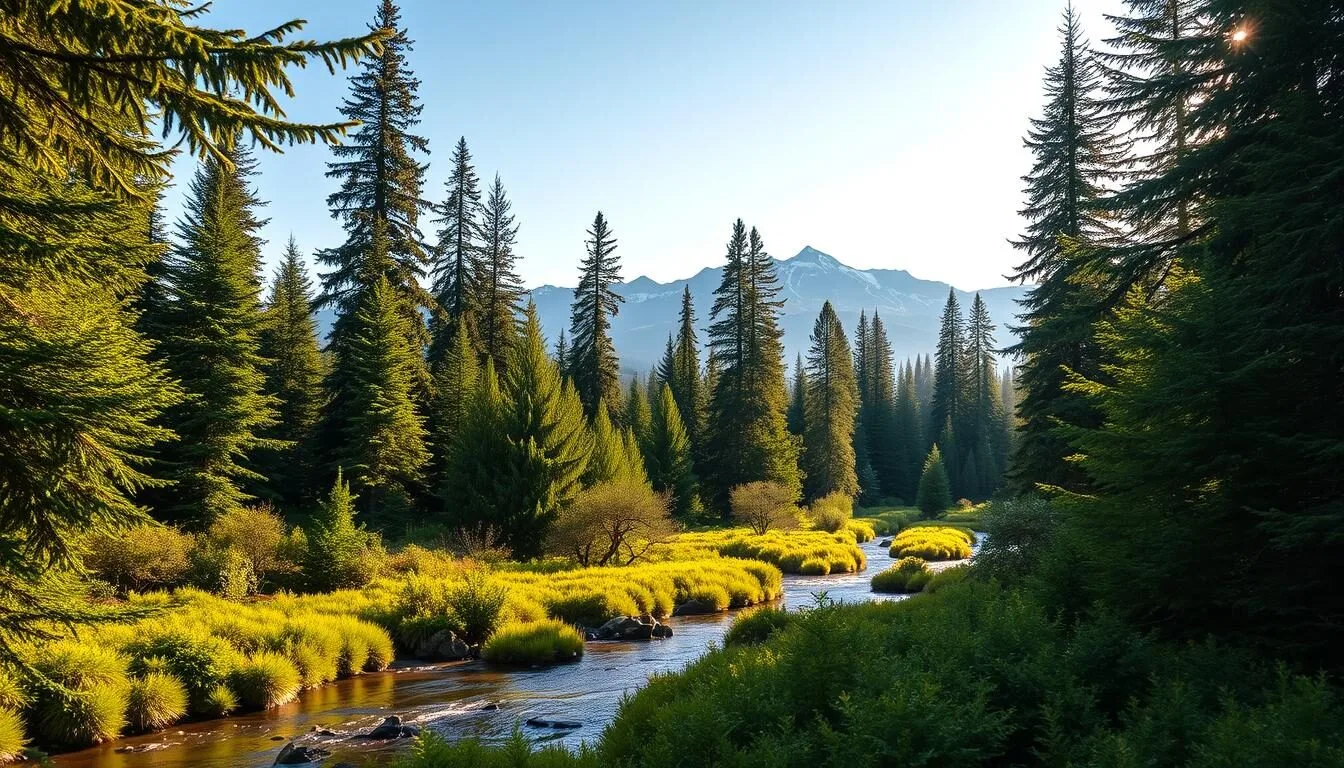 A serene landscape in the heart of the Pacific Northwest, showcasing the natural beauty of Beaverton, Oregon. In the foreground, a meandering stream cuts through lush, verdant foliage, its gentle waters reflecting the vibrant colors of the surrounding flora. In the middle ground, towering evergreen trees stand tall, their branches swaying gently in the warm, summer breeze. Beyond, majestic snow-capped peaks rise into the clear, azure sky, bathed in soft, golden sunlight. The scene exudes a sense of tranquility and natural harmony, inviting the viewer to immerse themselves in the splendor of this Pacific Northwest destination.