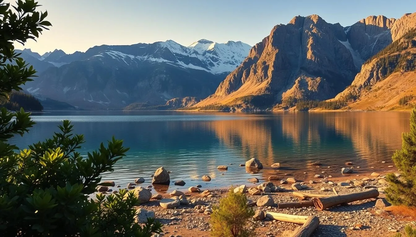 A serene landscape of Eagle Lake, California, with its crystal-clear waters reflecting the surrounding rugged mountains. In the foreground, lush green foliage frames the tranquil lake, while the middle ground features a gently sloping shore dotted with boulders and fallen logs. The background is dominated by majestic, snow-capped peaks bathed in warm, golden sunlight, creating a picturesque and inviting scene. The image is captured with a wide-angle lens, giving a sweeping, panoramic view that showcases the natural beauty and grandeur of this idyllic location. The overall mood is one of tranquility, serenity, and awe-inspiring natural wonder.